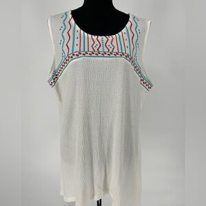 JASON MAXWELL‎ SLEEVELESS TOP IN WHITE WITH BLUE AND ORANGE APPLIQUÉ